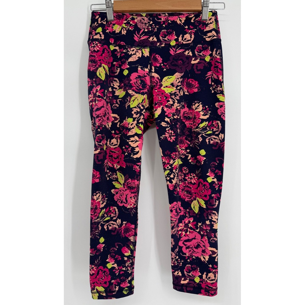 Gaiam Womens Floral Mesh Panel Yoga Leggings Navy Pink Purple Sz S Cropped